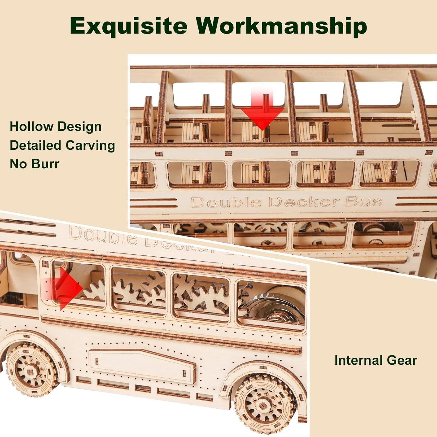 3D Wooden Double Decker Bus Puzzle Model Kit – 349 PCS DIY Mechanical Toy