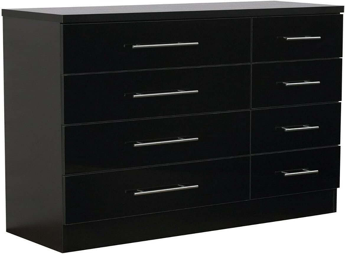 Black Gloss Chest 8 Drawers Bedroom Storage Cabinet Metal Handles Modern