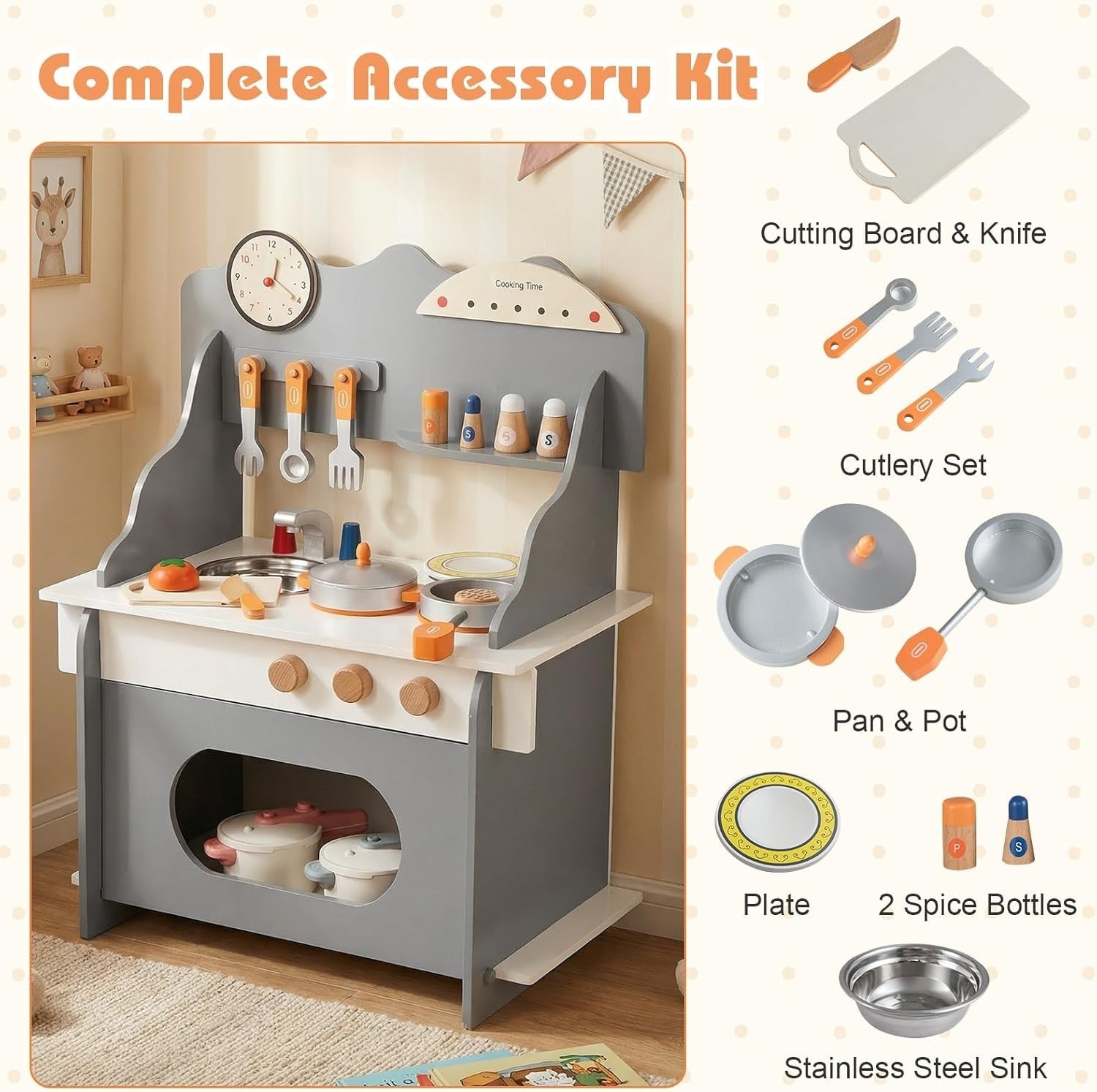 Wooden Kids Play Kitchen Grey Toy Set Stove Sink Oven Accessories