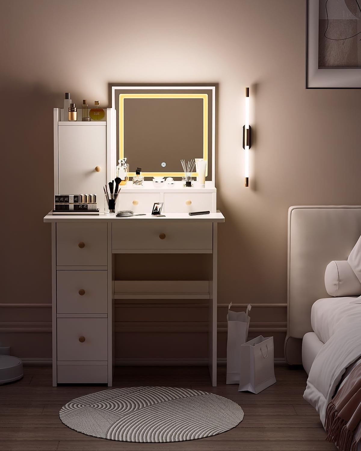 Modern Makeup Vanity Desk Adjustable Mirror 6 Drawers Wood Dresser 40x80x130cm