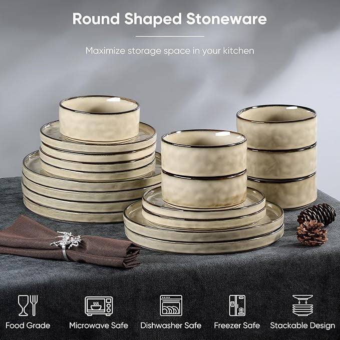 18pc Stoneware Dinner Set Plates Bowls Reactive Glaze Service for 6 Khaki