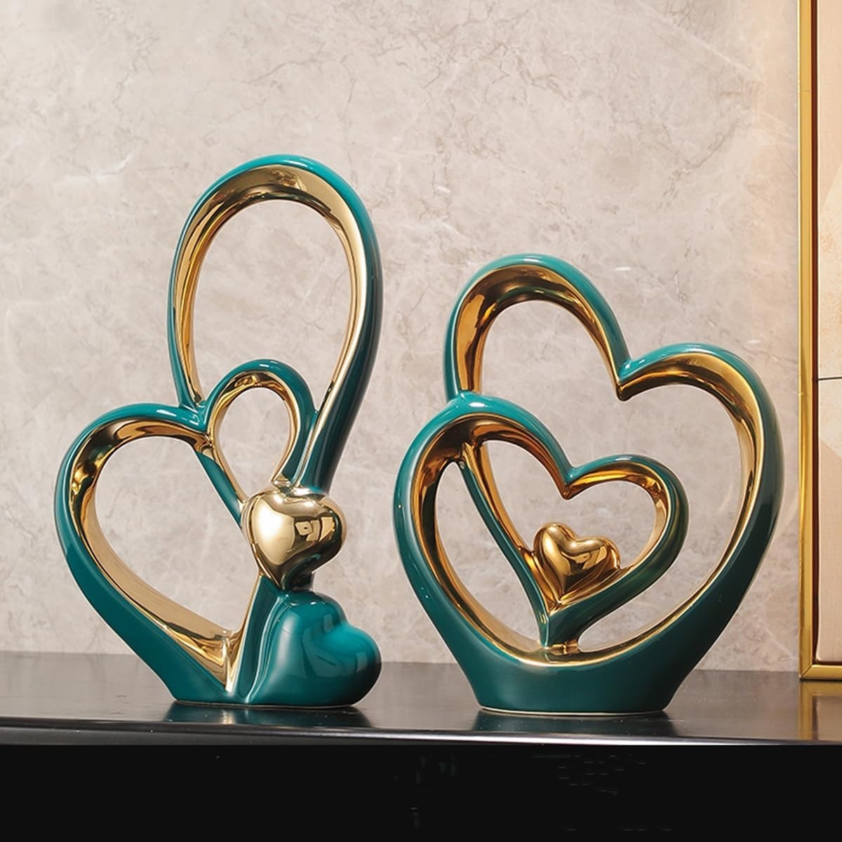 Luxury Double Heart Ceramic Sculpture Green Gold Ornament Modern Home Decor Gift