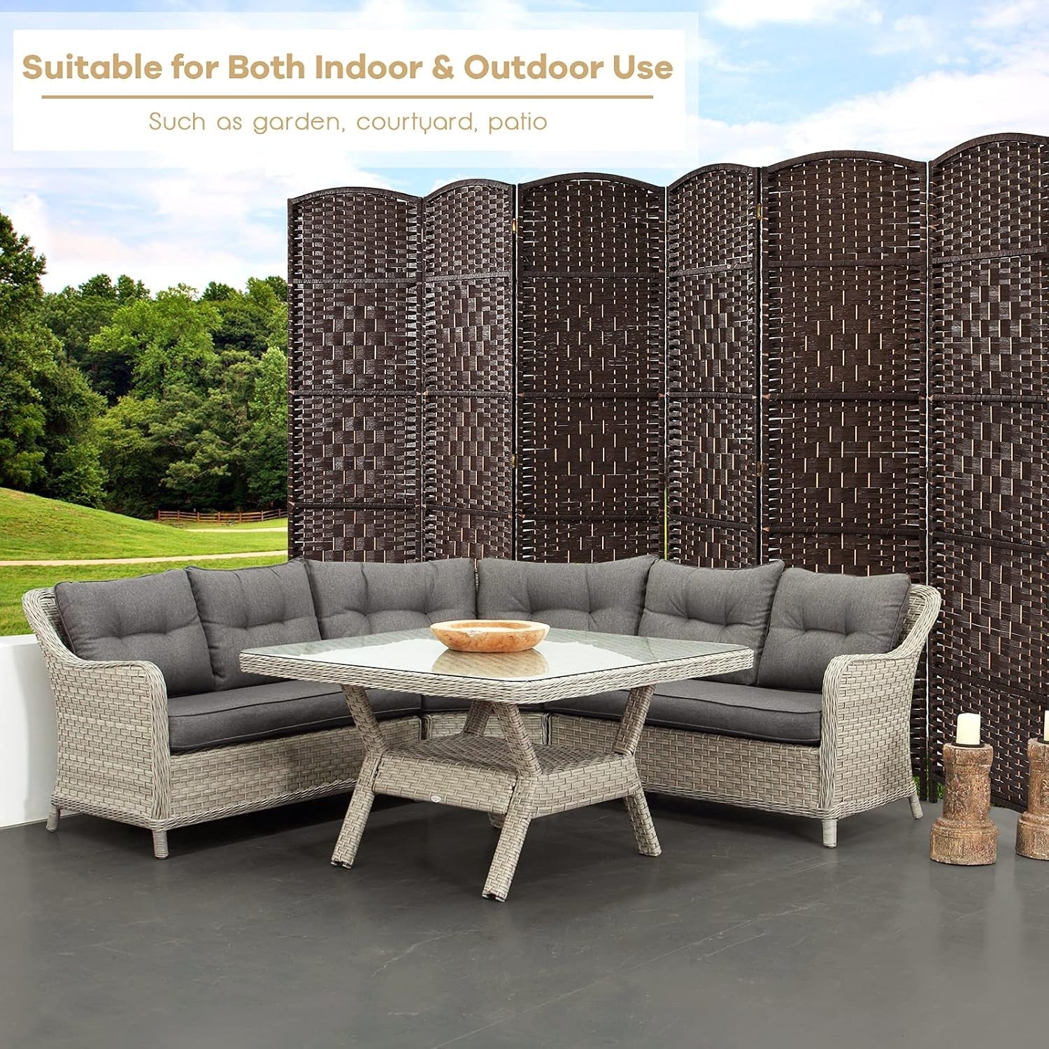 6 Panel Brown Wicker Folding Room Divider Privacy Screen for Home Office Décor