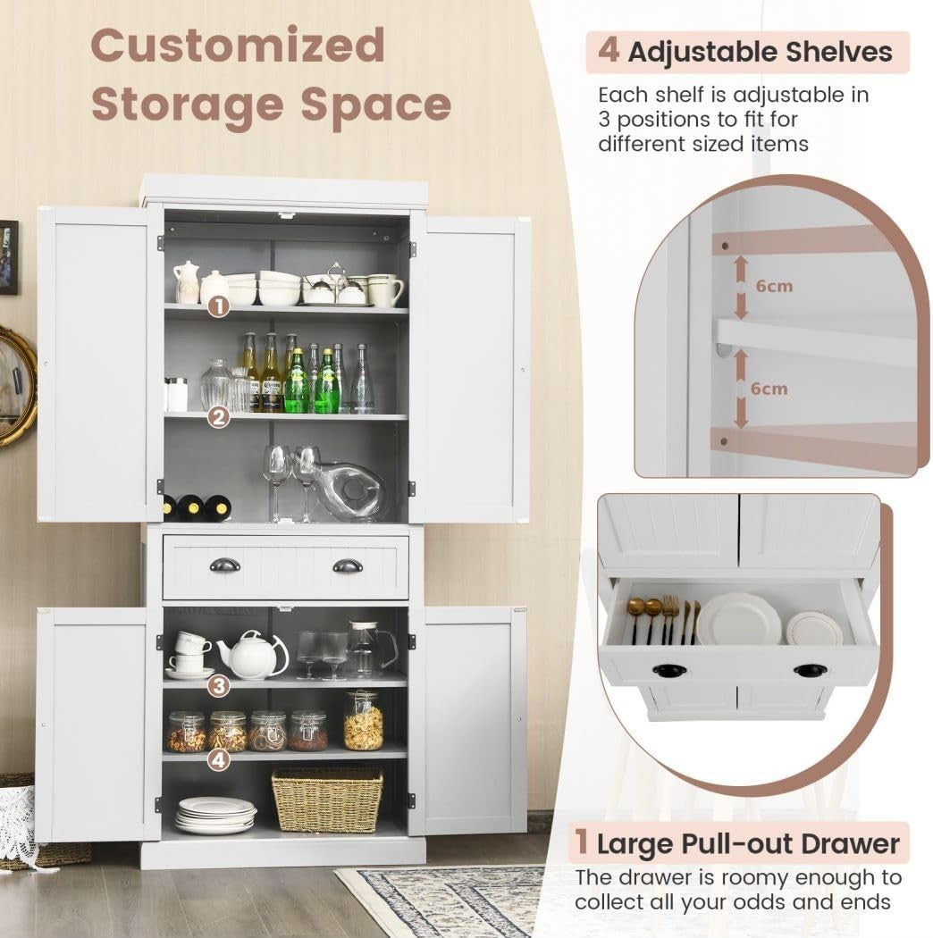 White Tall Kitchen Cupboard 4-Door Pantry Cabinet Drawer 183cm