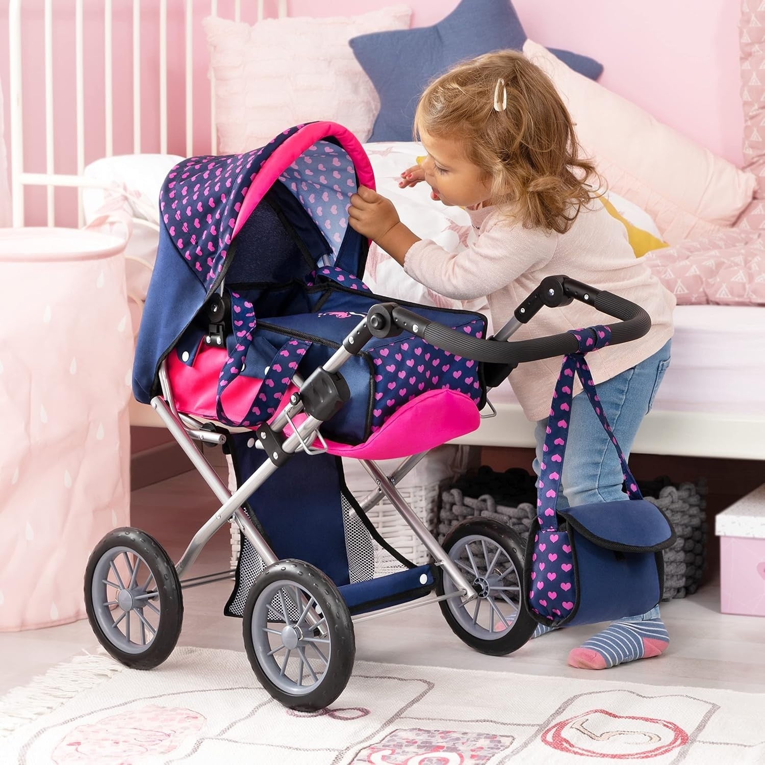Unicorn Doll Pram Convertible Stroller Adjustable Handle Basket Bag