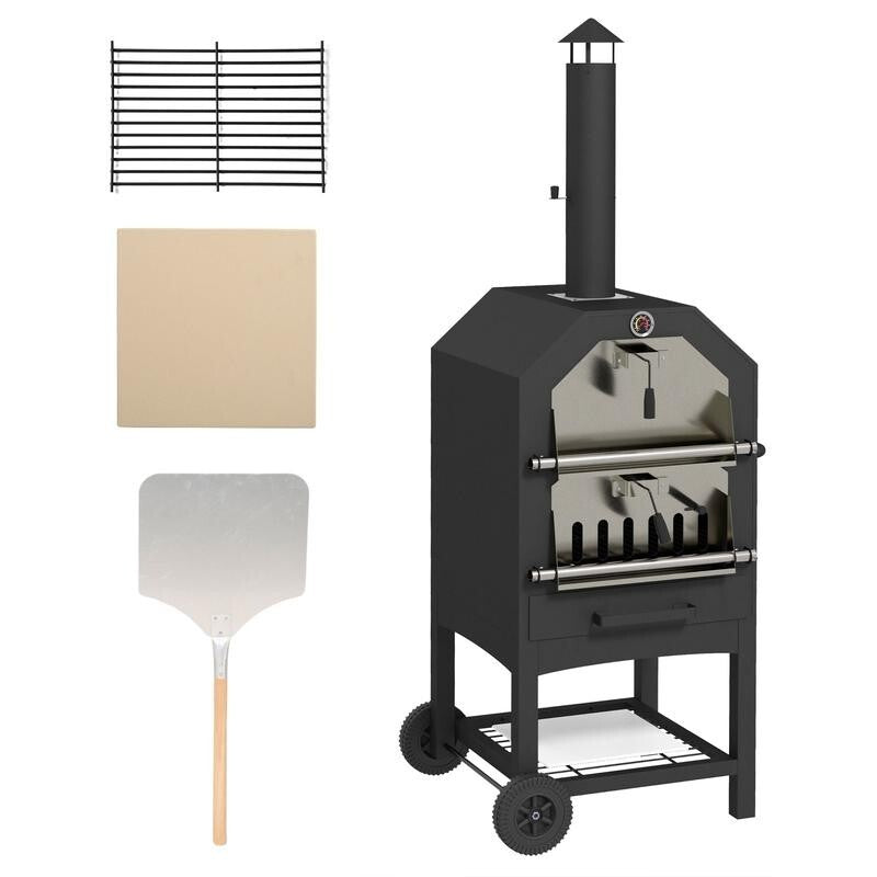 3-Tier Outdoor Pizza Oven BBQ Grill Smoker w/ Chimney, Shelves, Wheels