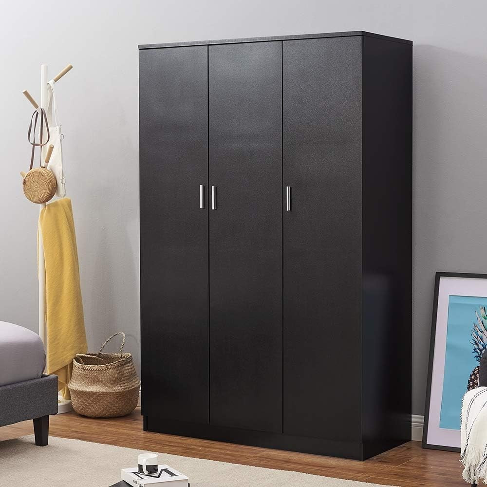 Modern 3-Door Black Wardrobe with Hanging Rail & 6 Shelves Storage Closet
