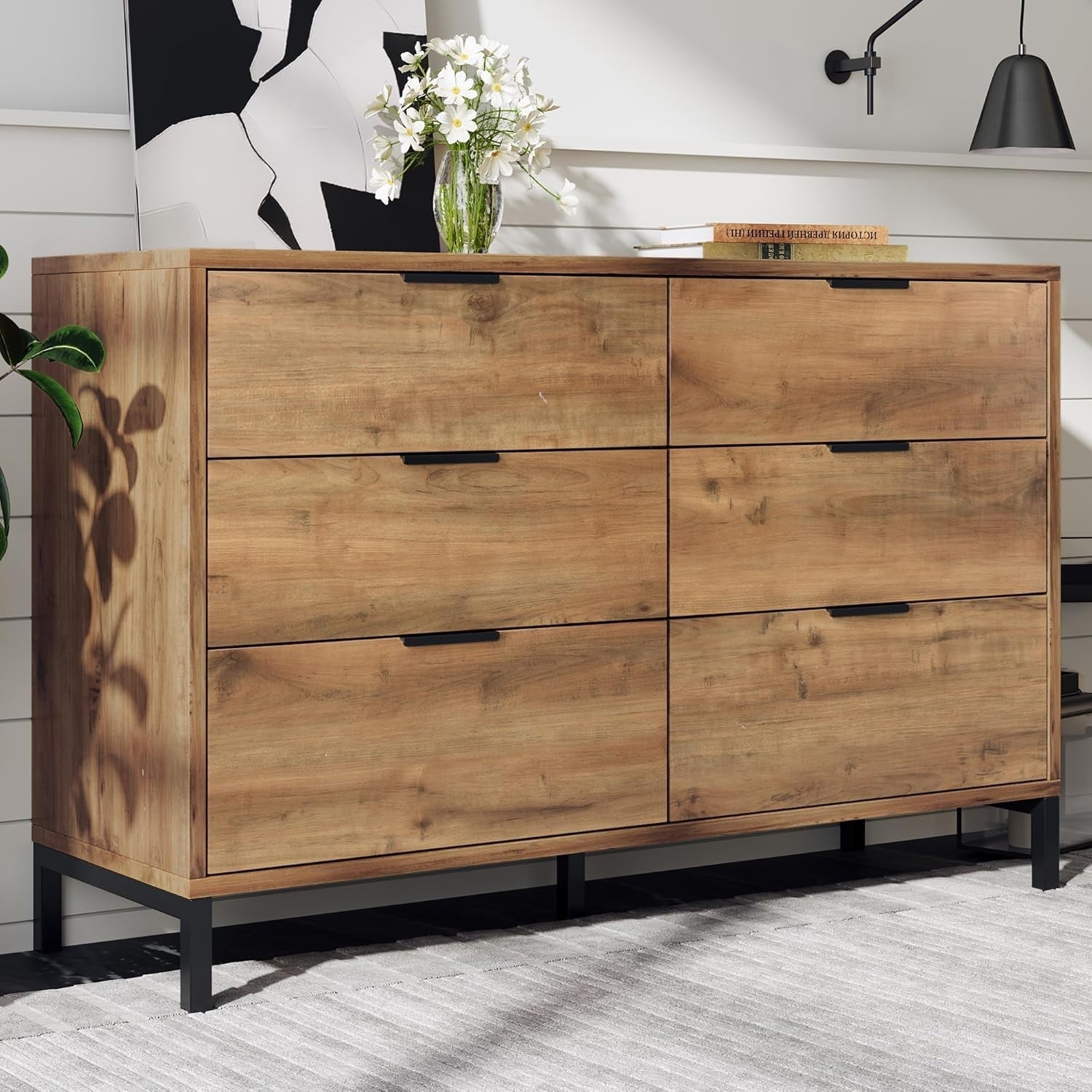 Rustic Dark Oak Sideboard Cabinet 6 Drawers Adjustable Shelf Living Room Storage
