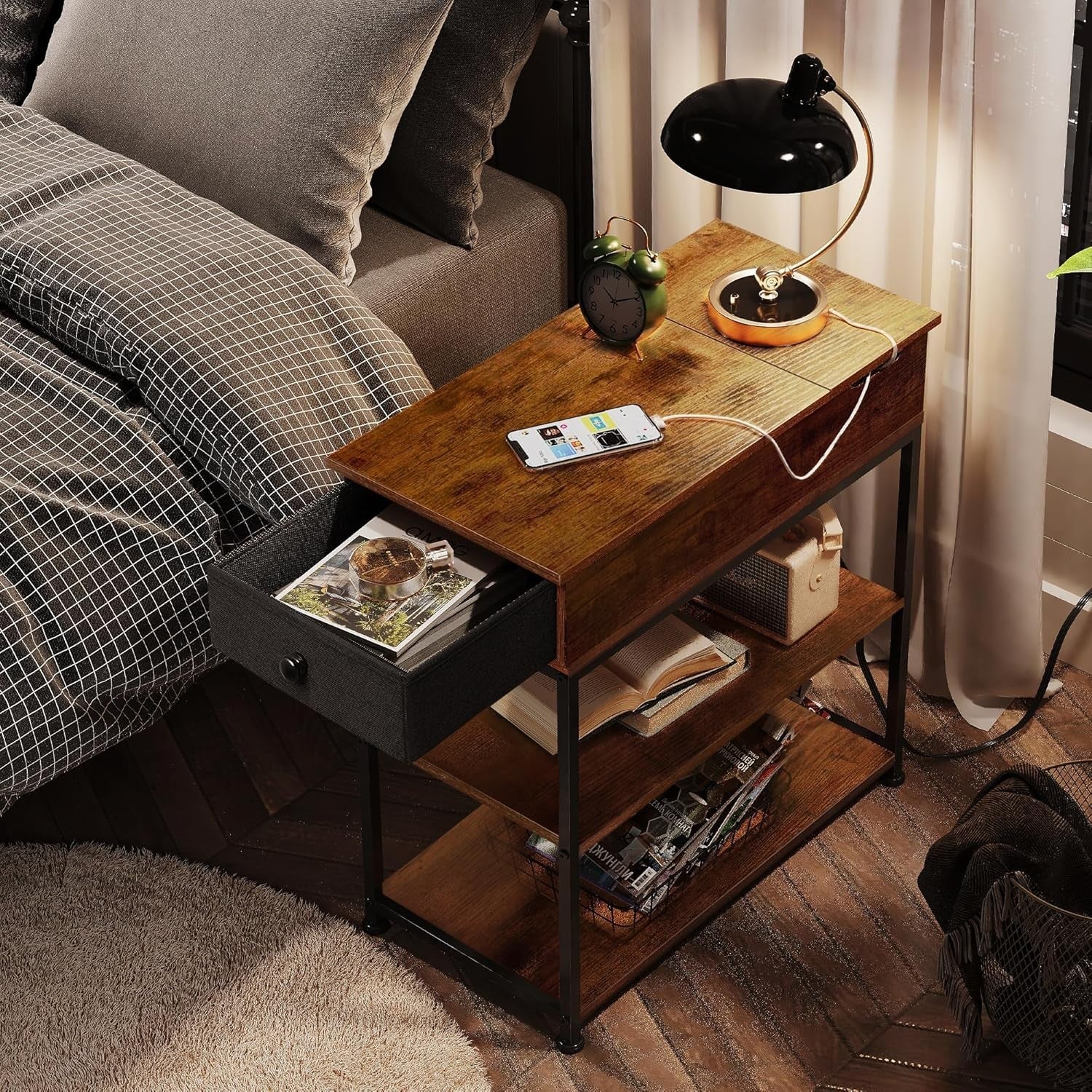 Narrow Side Table with Charging Station, USB & AC Outlets, Storage Drawer