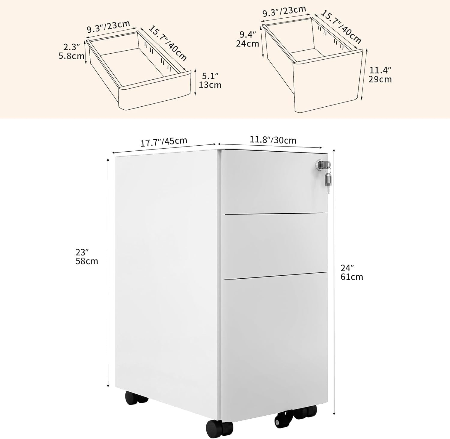 White Grey 3 Drawer Lockable Metal File Cabinet 30x45x61cm Slim