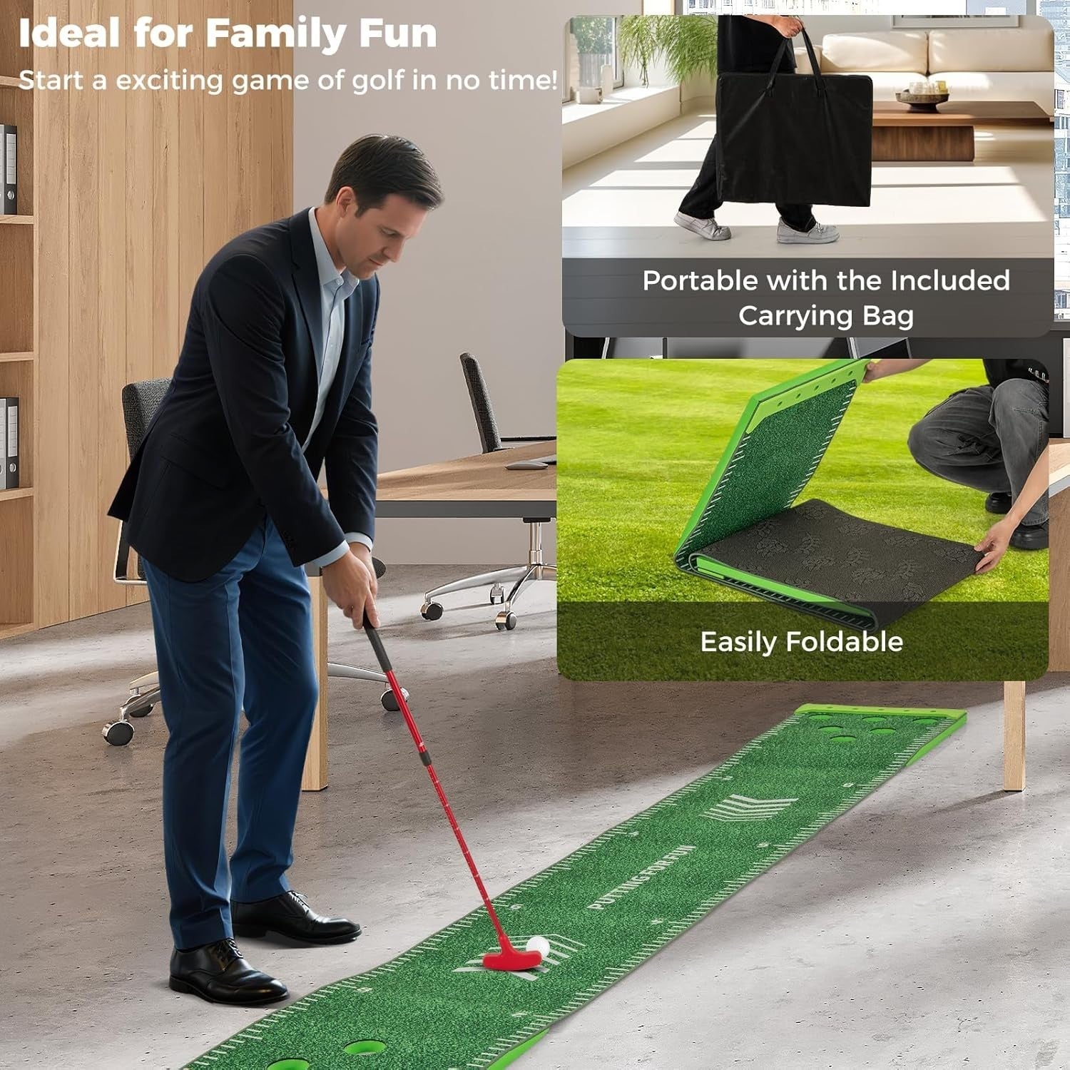 Indoor Golf Putting Green 11FT Practice Mat Set w/ Putters Balls Holes