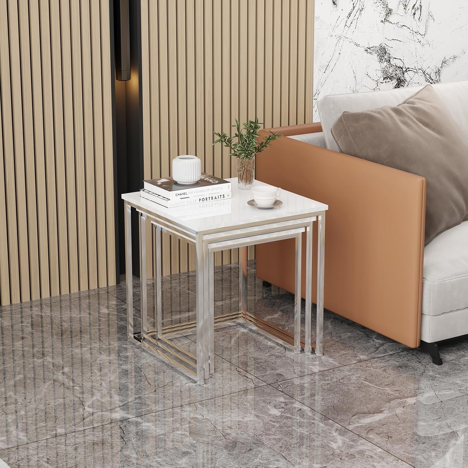 Space Saving Nesting Coffee Tables Set of 3 White Modern Side End Living Room