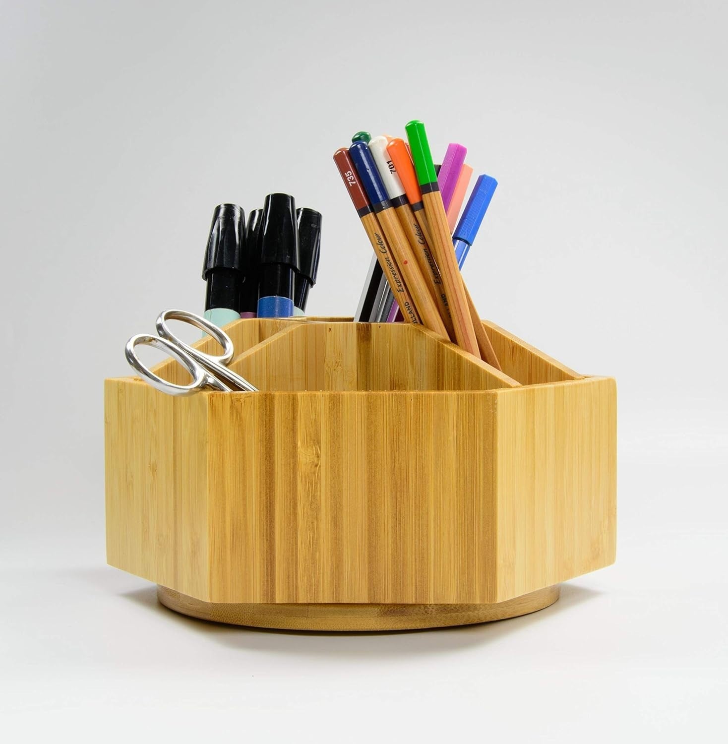 Rotating Bamboo Desk Organiser – 7 Compartment Cosmetic & Pen Holder