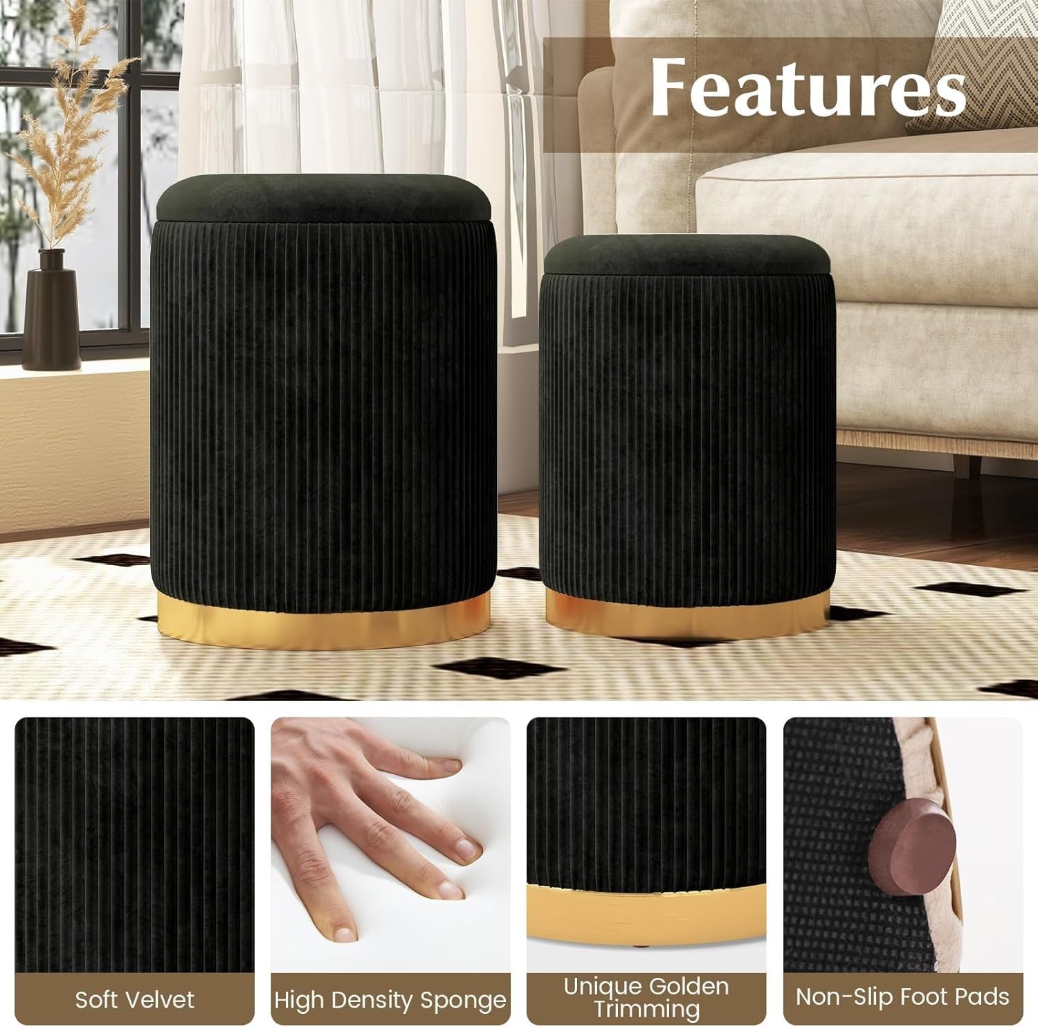Black Velvet Nesting Footstools Set of 2 Storage Ottomans Round Gold Base