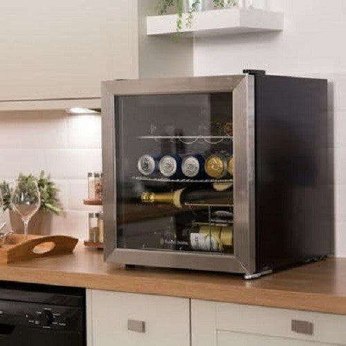Mini Drinks Fridge Glass Door Stainless Steel Beer Wine Cooler 46L Compact