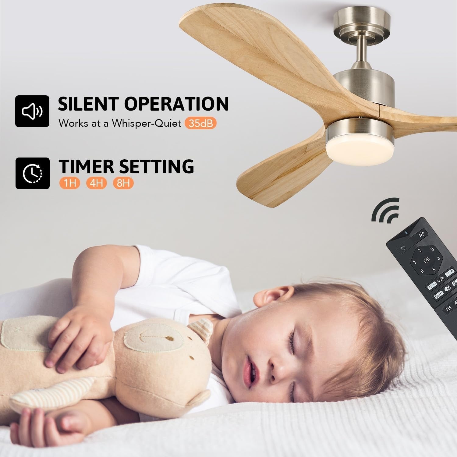 52" Wood Ceiling Fan with Light, 3-Blade, 6-Speed, Remote, LED
