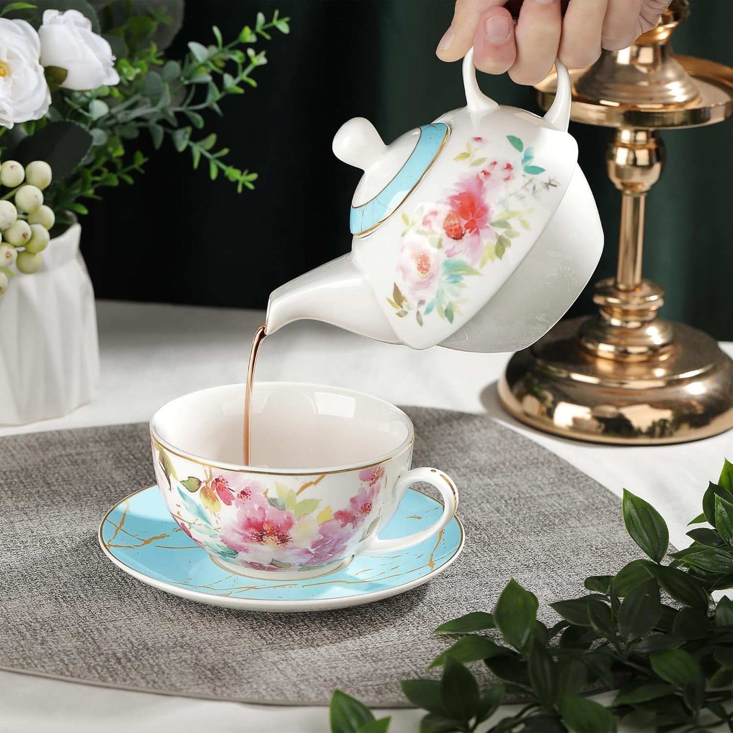 Floral Tea for One Set Porcelain Teapot Cup Saucer Gold Trim Gift