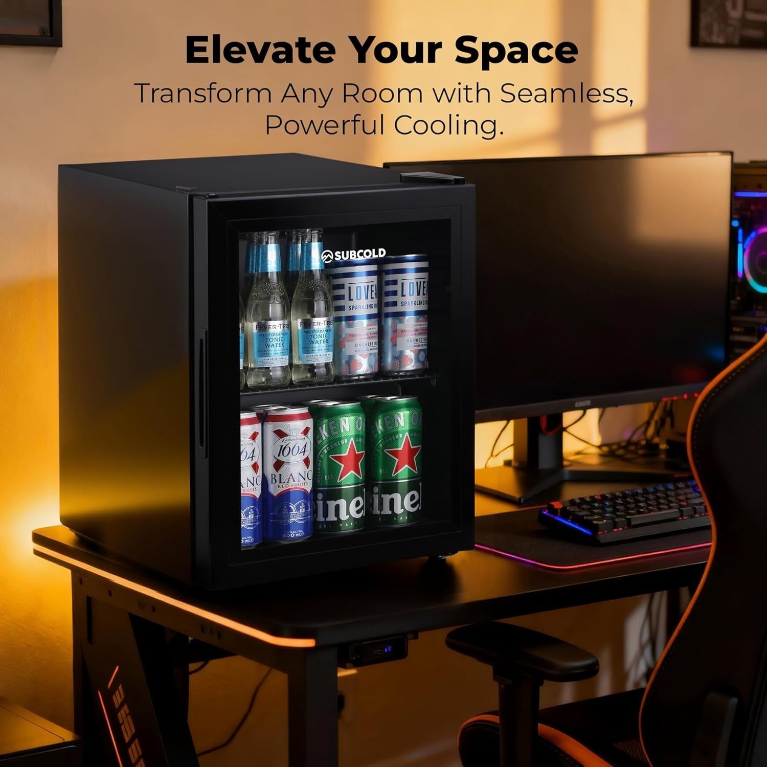 32L Mini Fridge Beer & Drink Cooler LED Glass Door Black Compact