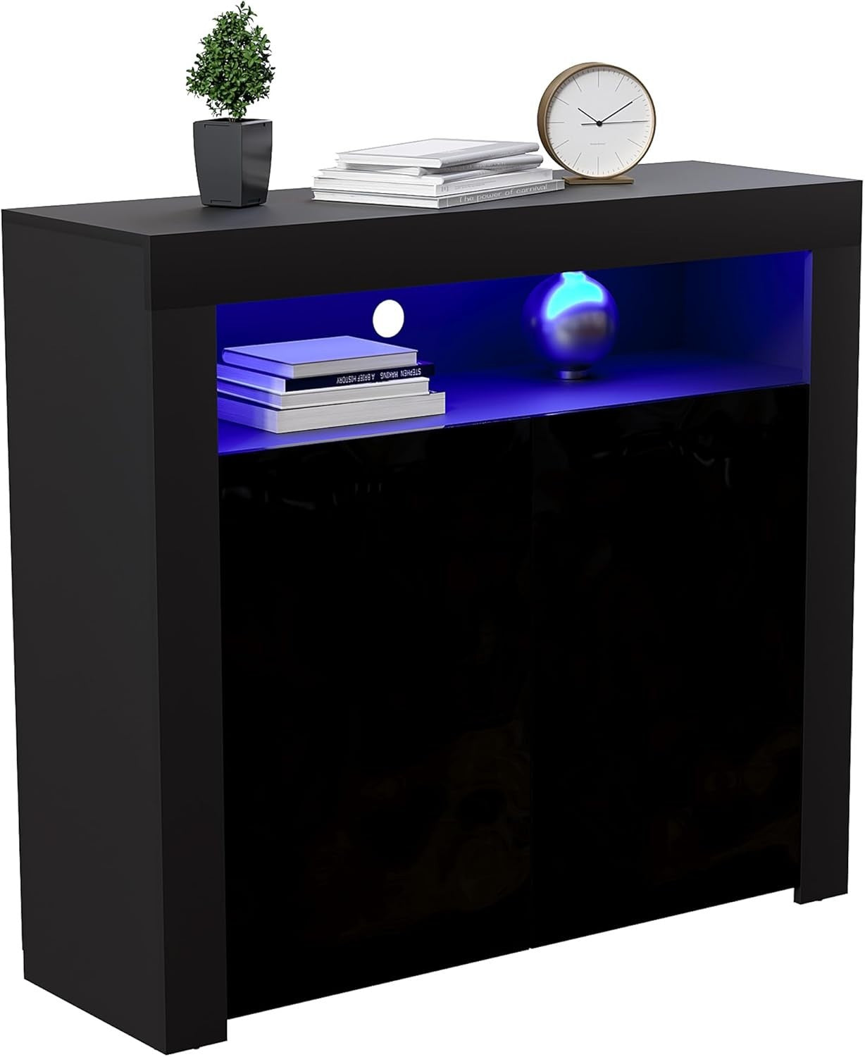 Modern Black LED Sideboard 2 Doors Magnetic Storage Cabinet RGB Lighting