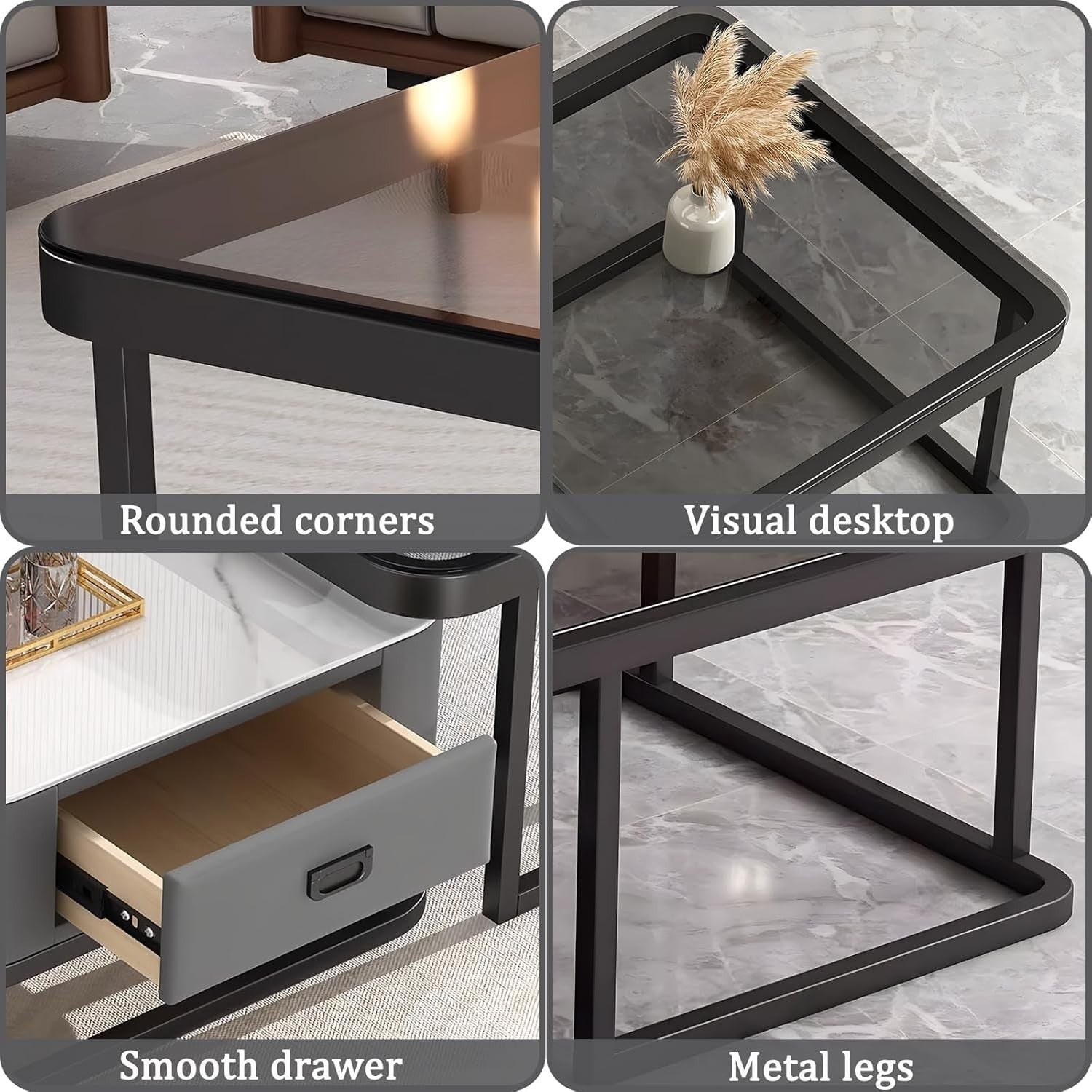 2-in-1 Nesting Coffee Table Set w/ Storage Drawer, Square Marble & Glass Top