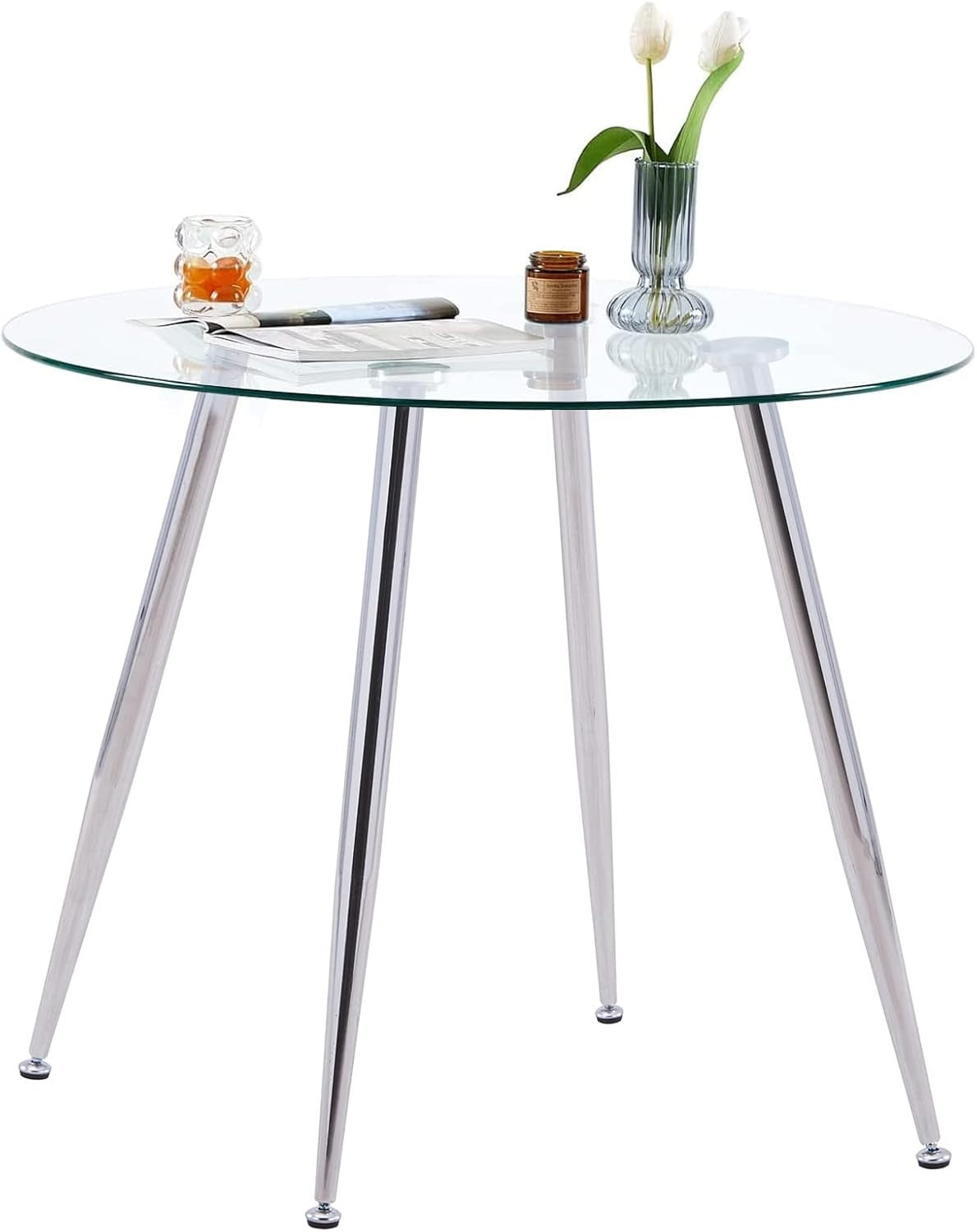 Round Glass Dining Table 90cm Modern Small Dining Kitchen Table Chrome Legs