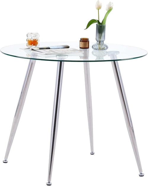 Round Glass Dining Table 90cm Modern Small Dining Kitchen Table Chrome Legs