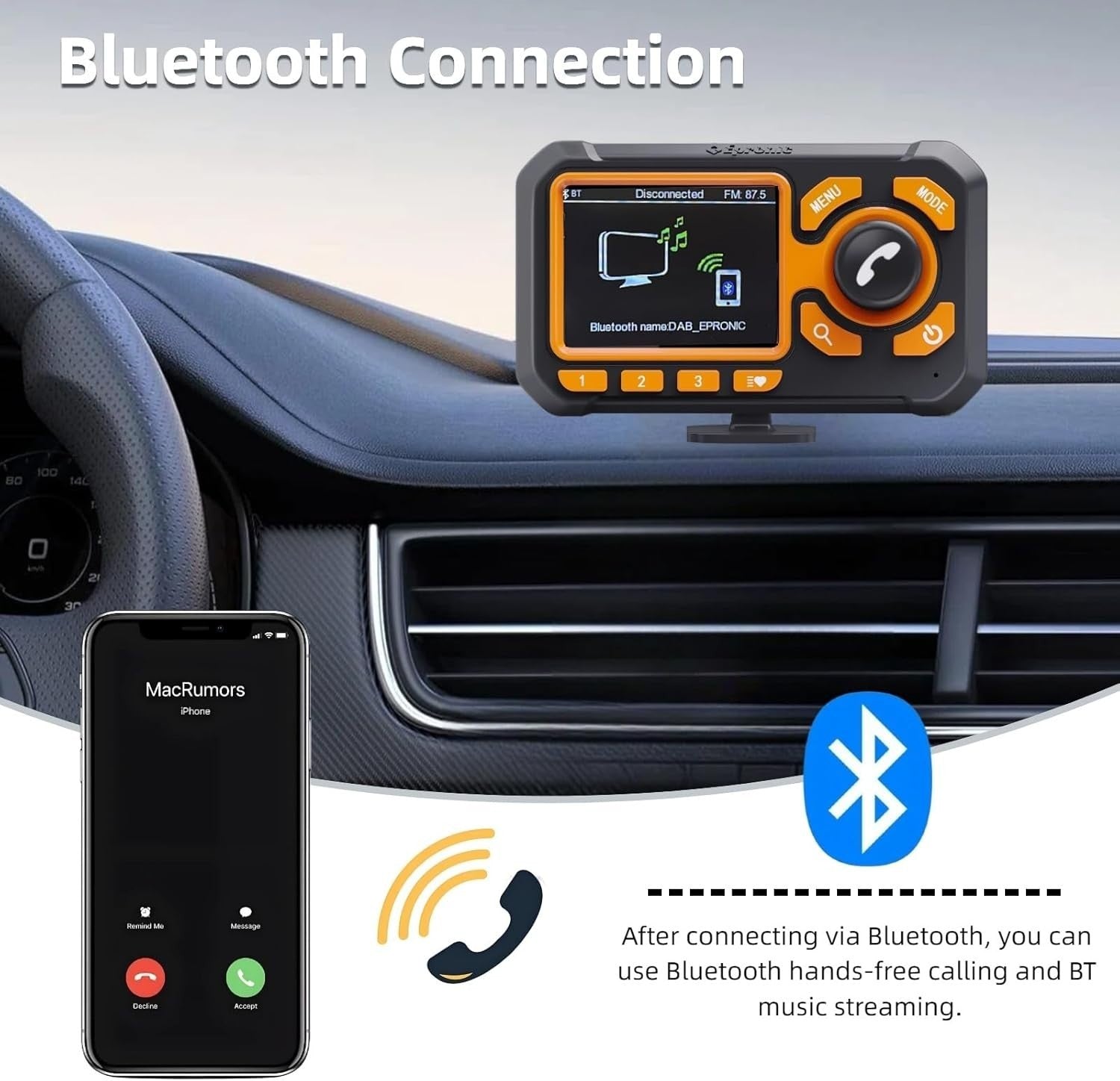 DAB Car Radio Adapter with Bluetooth, TF Card, AUX & 2.4” LCD Display