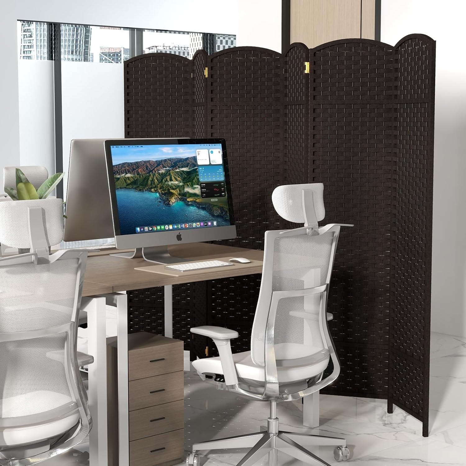 6 Panel Brown Wicker Folding Room Divider Privacy Screen 240x170cm