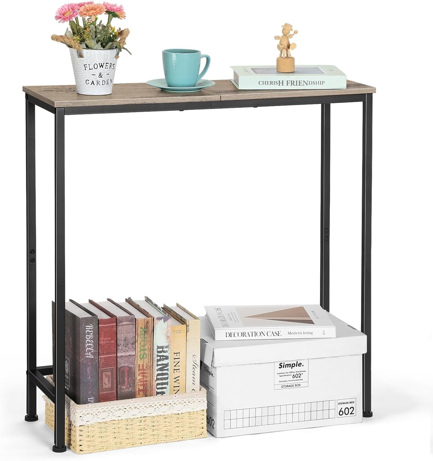 Slim Console Table for Hallway Entryway, Rustic Grey Metal Frame, Sturdy & Compa