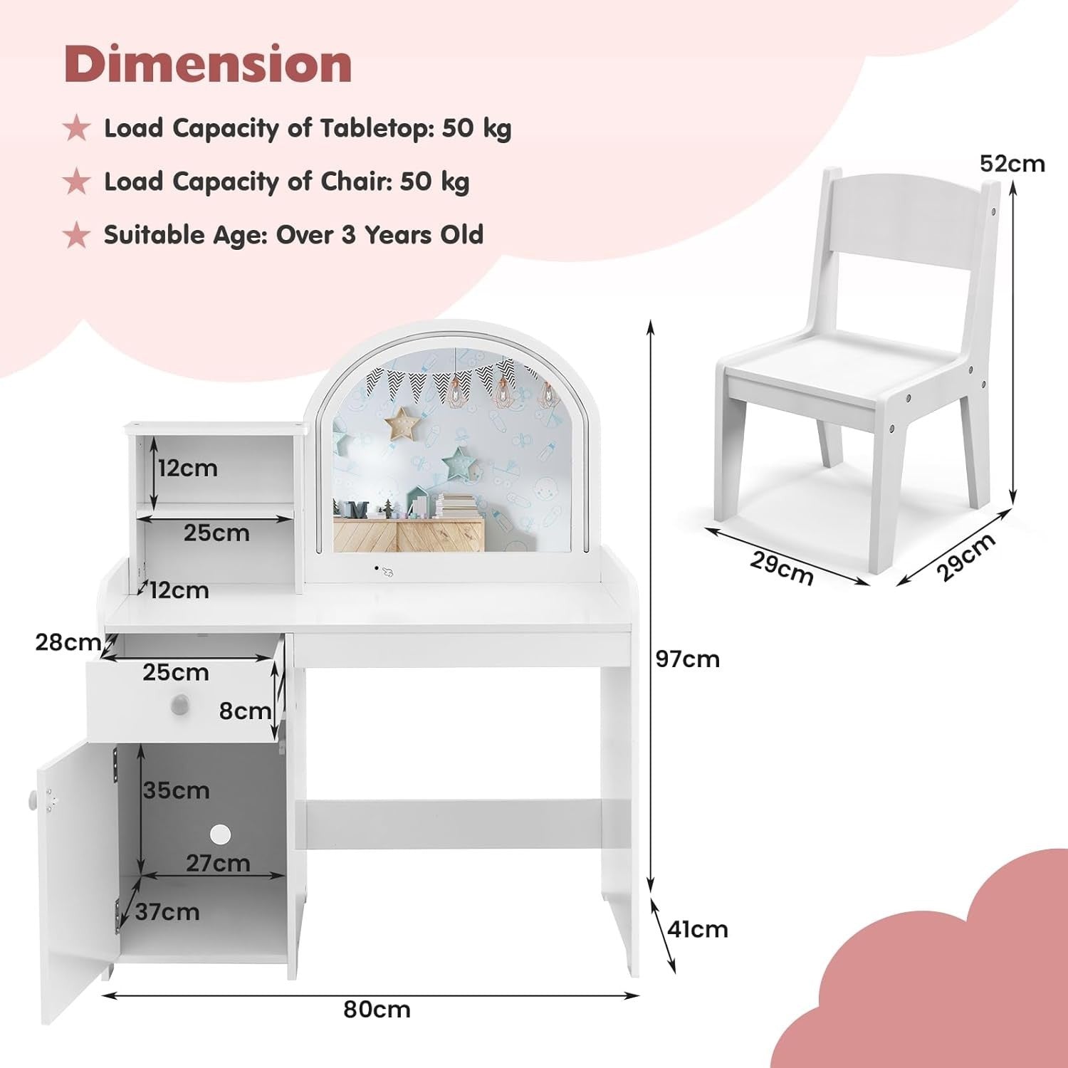 Kids Vanity Table & Chair Set with LED Mirror Storage Shelves Drawer White