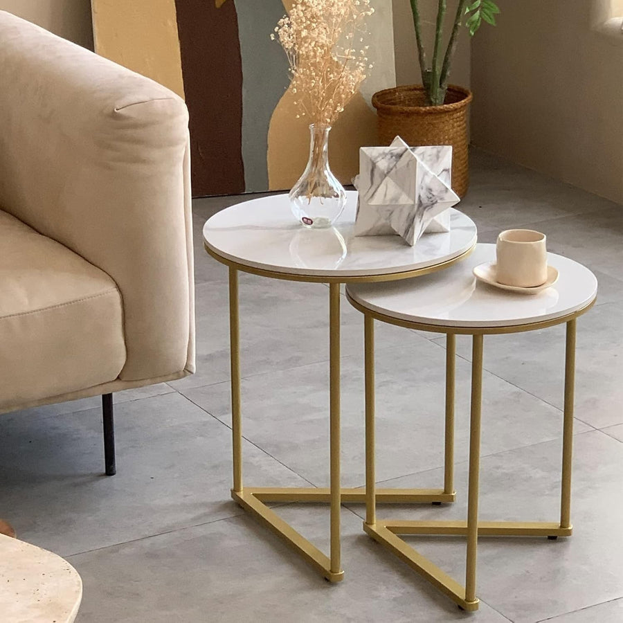 Gold Nesting Side Tables Round Marble Stone Top End Accent Table Set Living Room