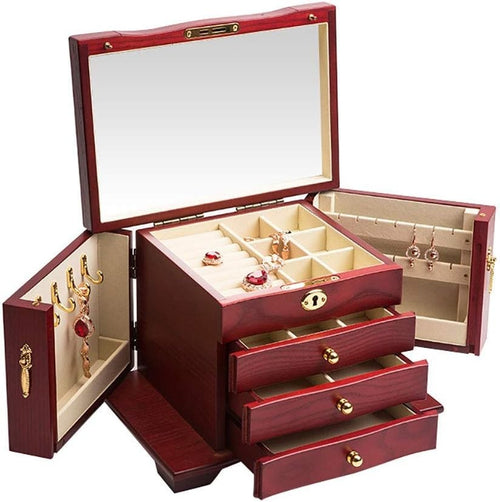 Large Wooden Jewelry Box Lockable Organizer with Mirror Drawers Red Wood