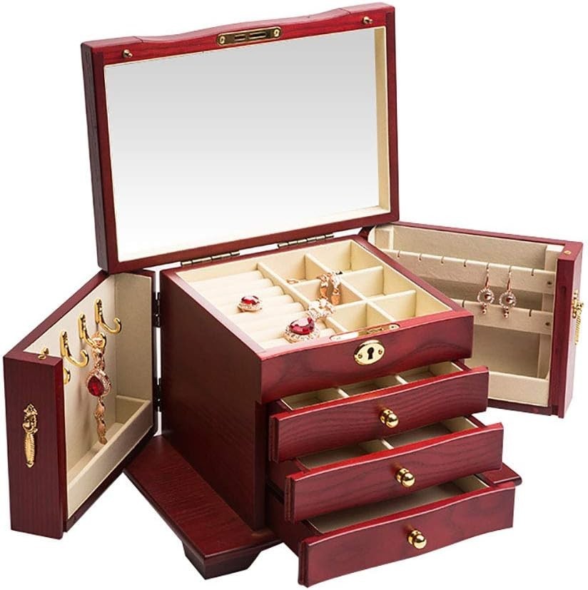 Large Wooden Jewelry Box Lockable Organizer with Mirror Drawers Red Wood