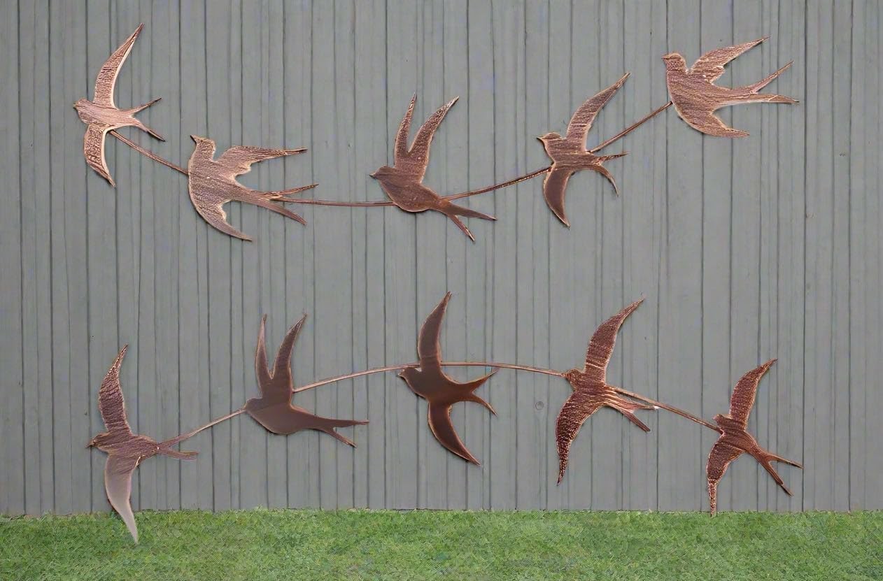 Copper Flying Birds Metal Wall Art Garden Fence Decor Set of 10