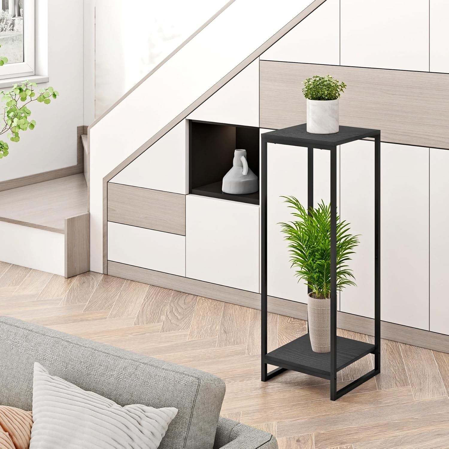 34" Tall 2 Tier Black Metal Plant Stand Modern Indoor Flower Pot Shelf