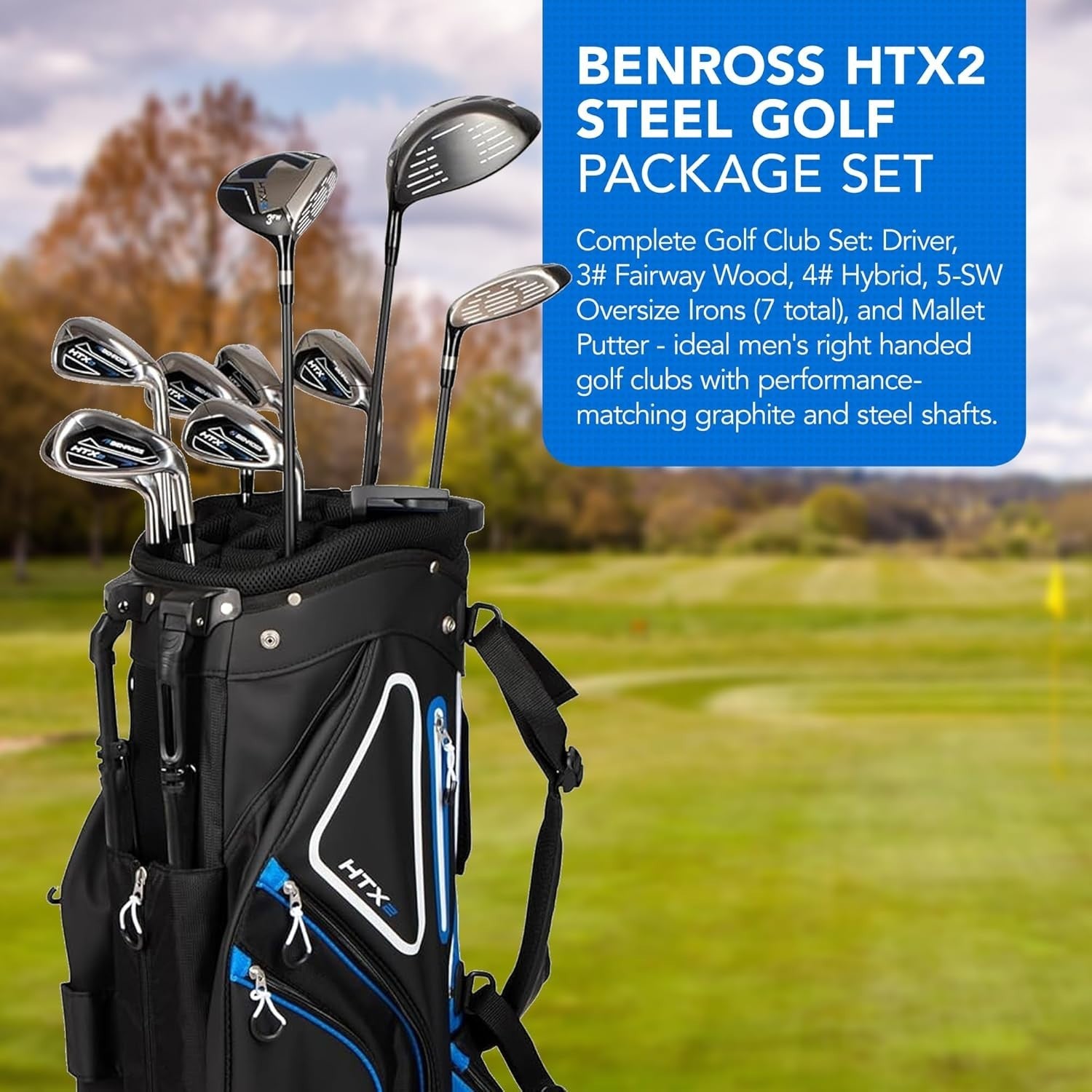 Mens Right Hand Golf Club Set Stiff Flex Driver Hybrid Irons Stand Bag