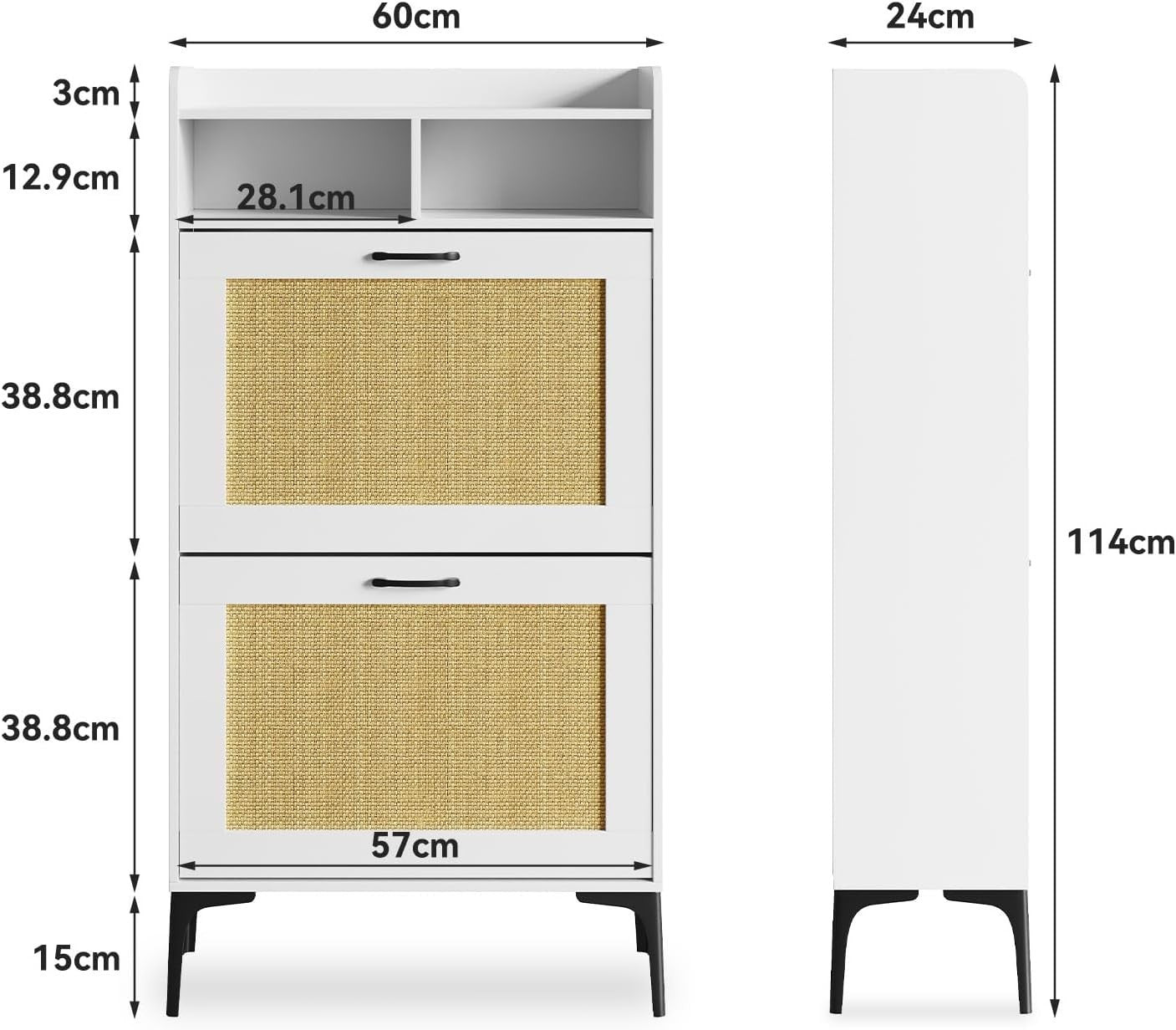 Compact Rattan White Shoe Cabinet 2 Flip Drawers + Open Storage 60x24x114cm