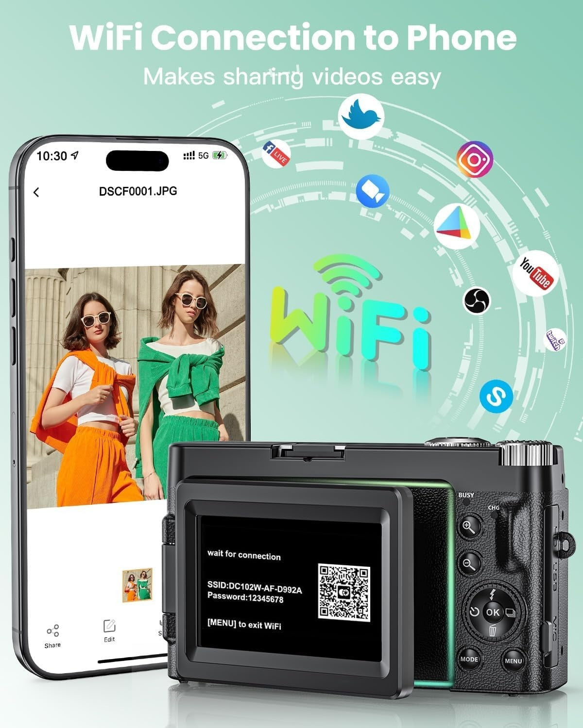 4K 64MP Vlogging Camera WiFi Flip Screen 16X Zoom SD Bundle