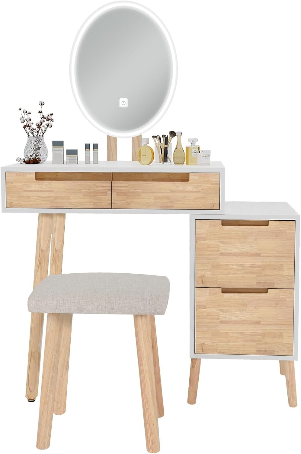 Rosewood Vanity Table Set Oval Mirror 3 Light Modes Makeup Desk 2 Drawers
