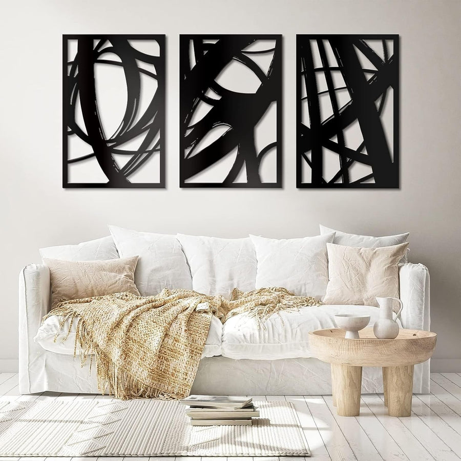 Large Abstract Metal Wall Art Set 3 Black 23x15in Modern Decor