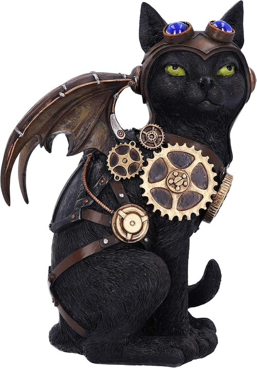 Steampunk Black Cat Figurine 22.7cm Winged Resin Statue Gothic Pilot Ornament