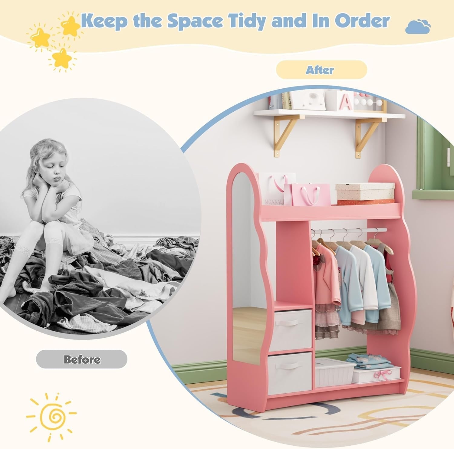 Kids Wardrobe with Mirror, Hanging Rail & 2 Drawers, Pink Cloud Design