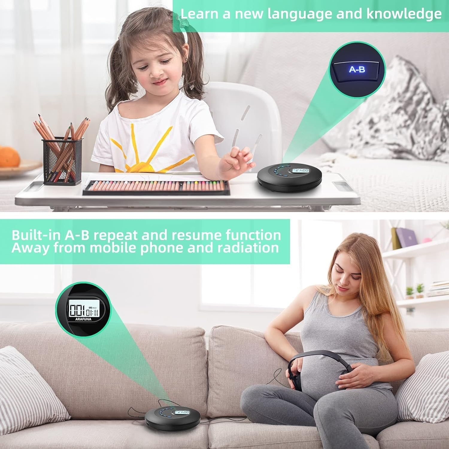 Portable Rechargeable CD Player Anti Skip LCD AUX Headphones Travel