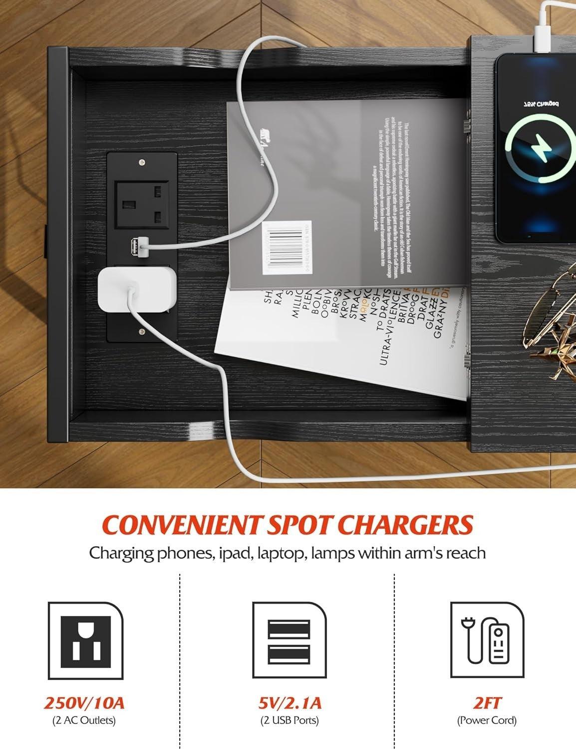 Black Narrow Side Table with USB Ports, Charging Shelf & Storage Bags