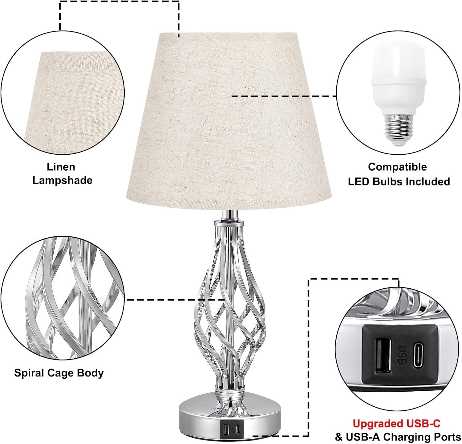 Touch Bedside Lamps Set of 2 USB Ports 3-Way Dimmable Beige Shades