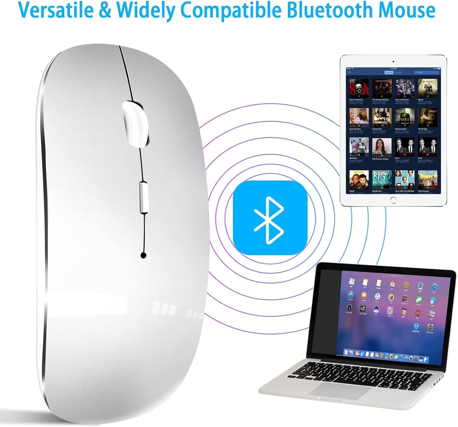 Wireless Bluetooth Mouse Rechargeable Slim Silent Click USB Portable Silver