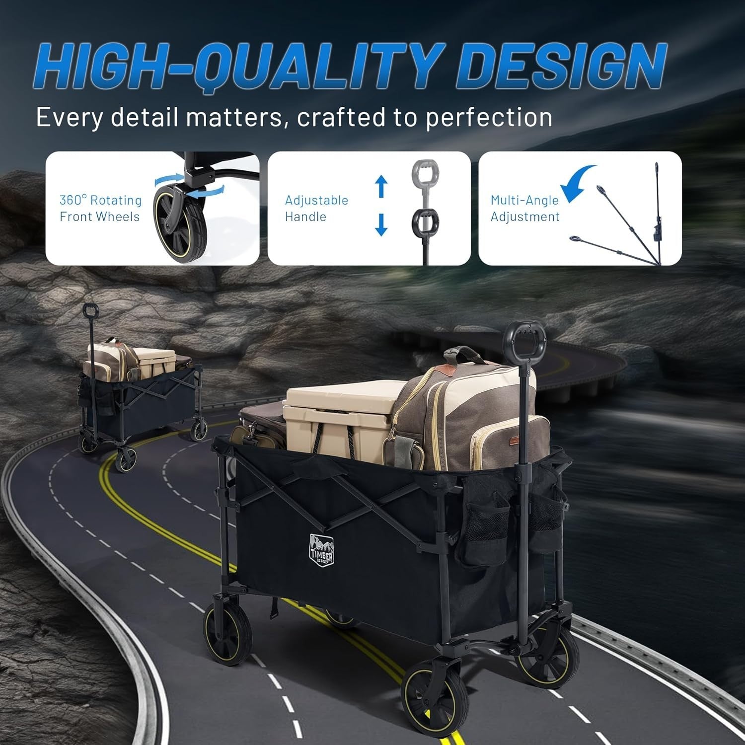 Black 200L Foldable Camping Trolley 100kg Heavy Duty Outdoor Wagon with Handle