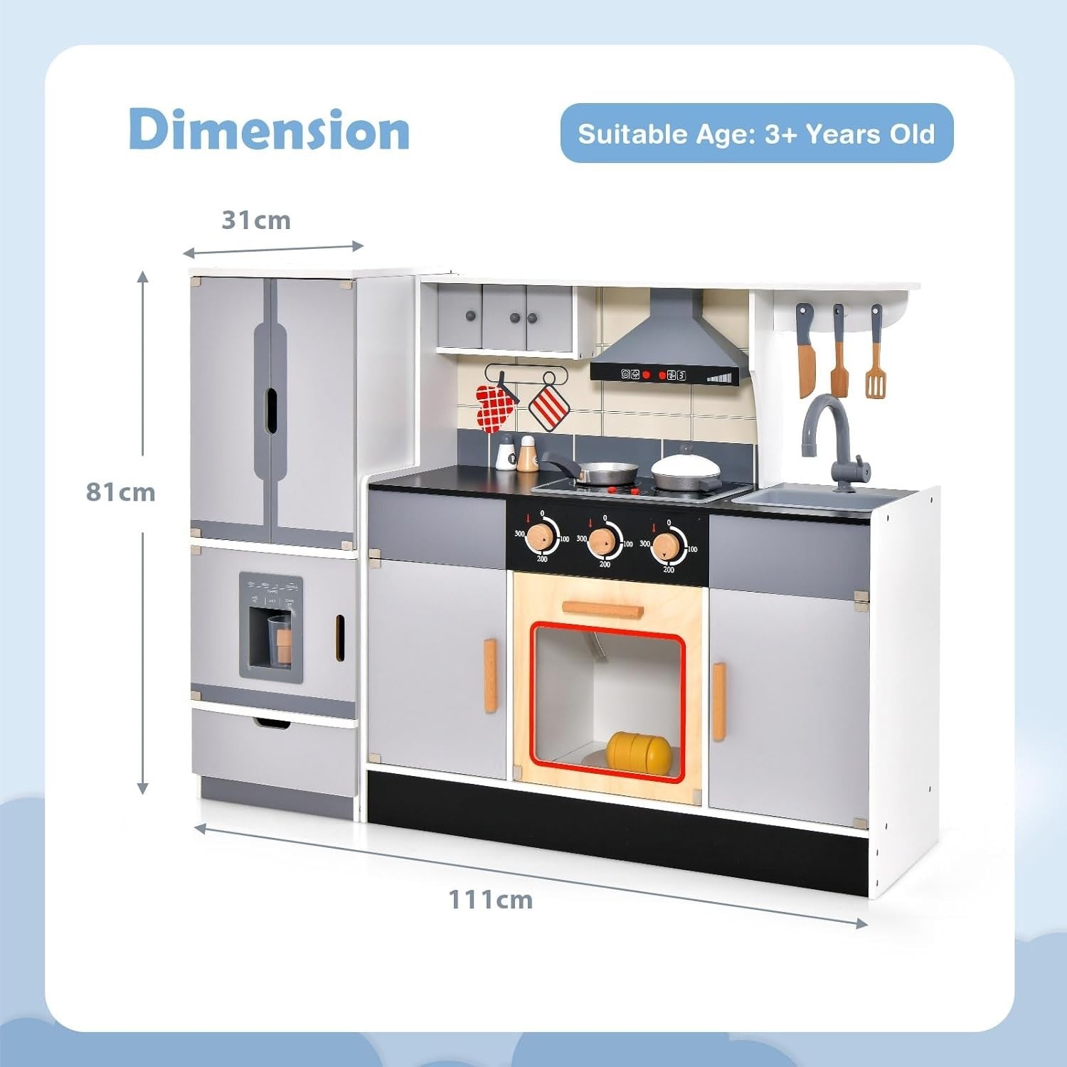 Wooden Kids Play Kitchen Set w/ Fridge Lights Sounds Accessories