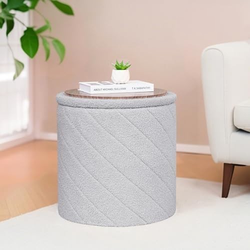 Grey Round Storage Ottoman Footstool 3-in-1 Seat with Lid 43x43x45cm