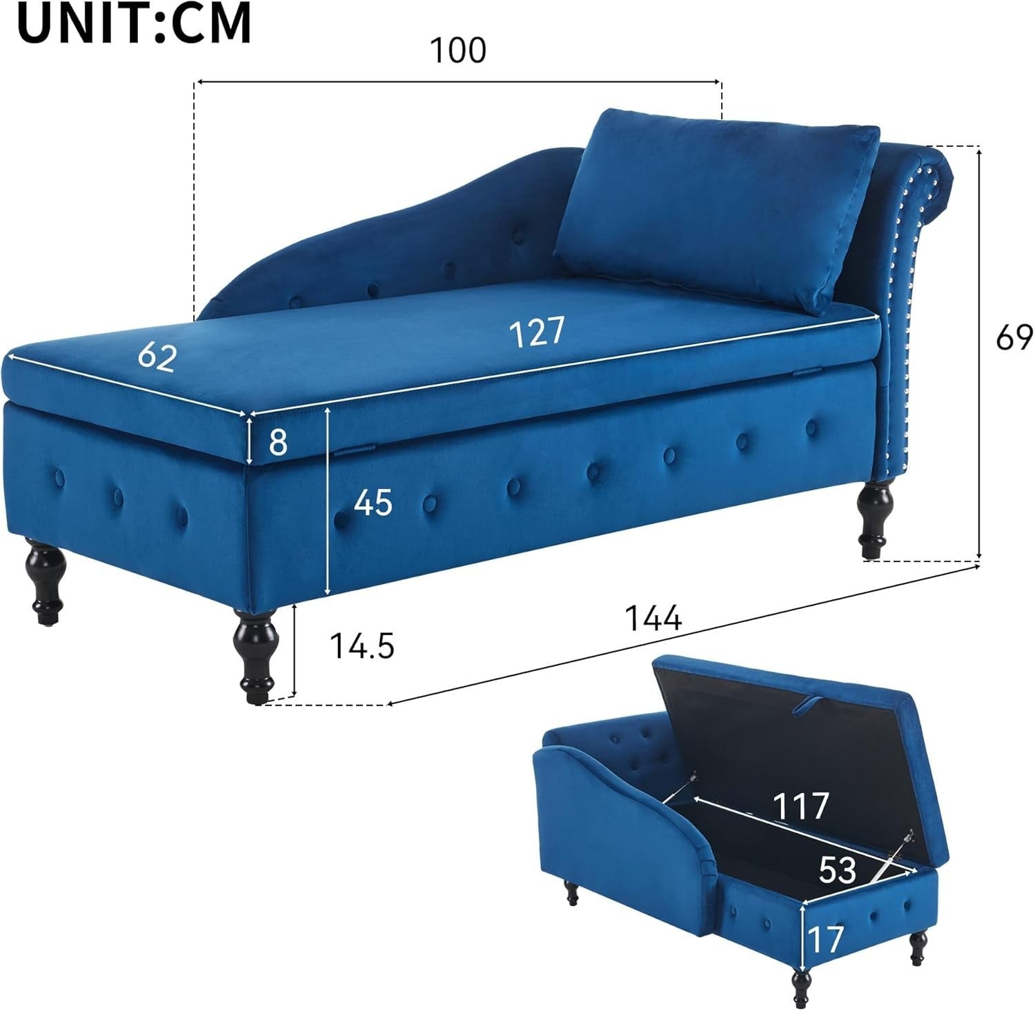 Velvet Chaise Lounge Sofa with Storage Button-Tufted Ergonomic Couch Blue